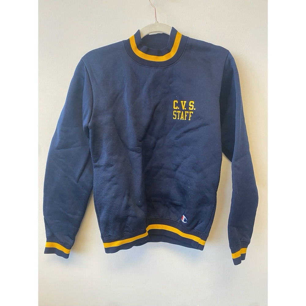 Vintage 60s Champion Sweatshirt CVS‎ Staff  Mens Small Nylon Fleece Blue Ringer